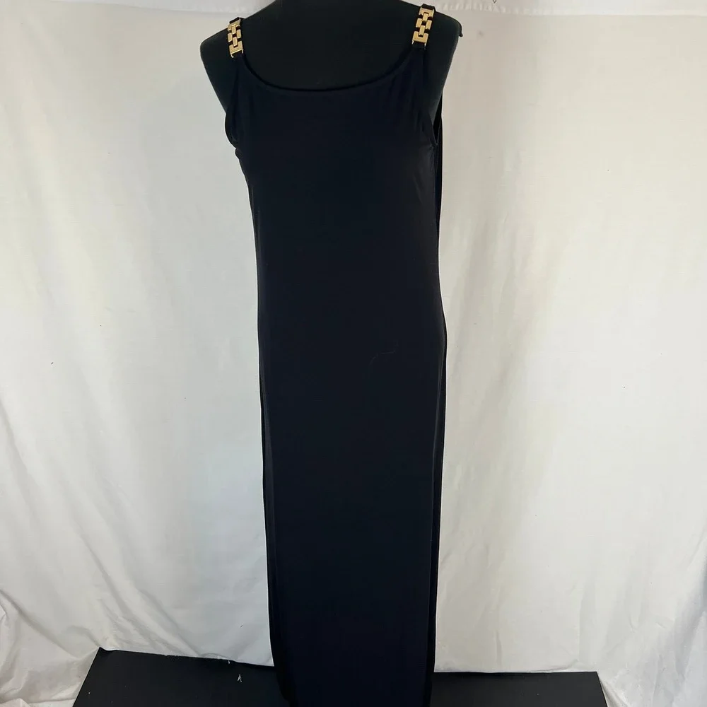 Michael Kors Black Gold Chain Strap Jersey Knit Maxi Slip style Dress Med